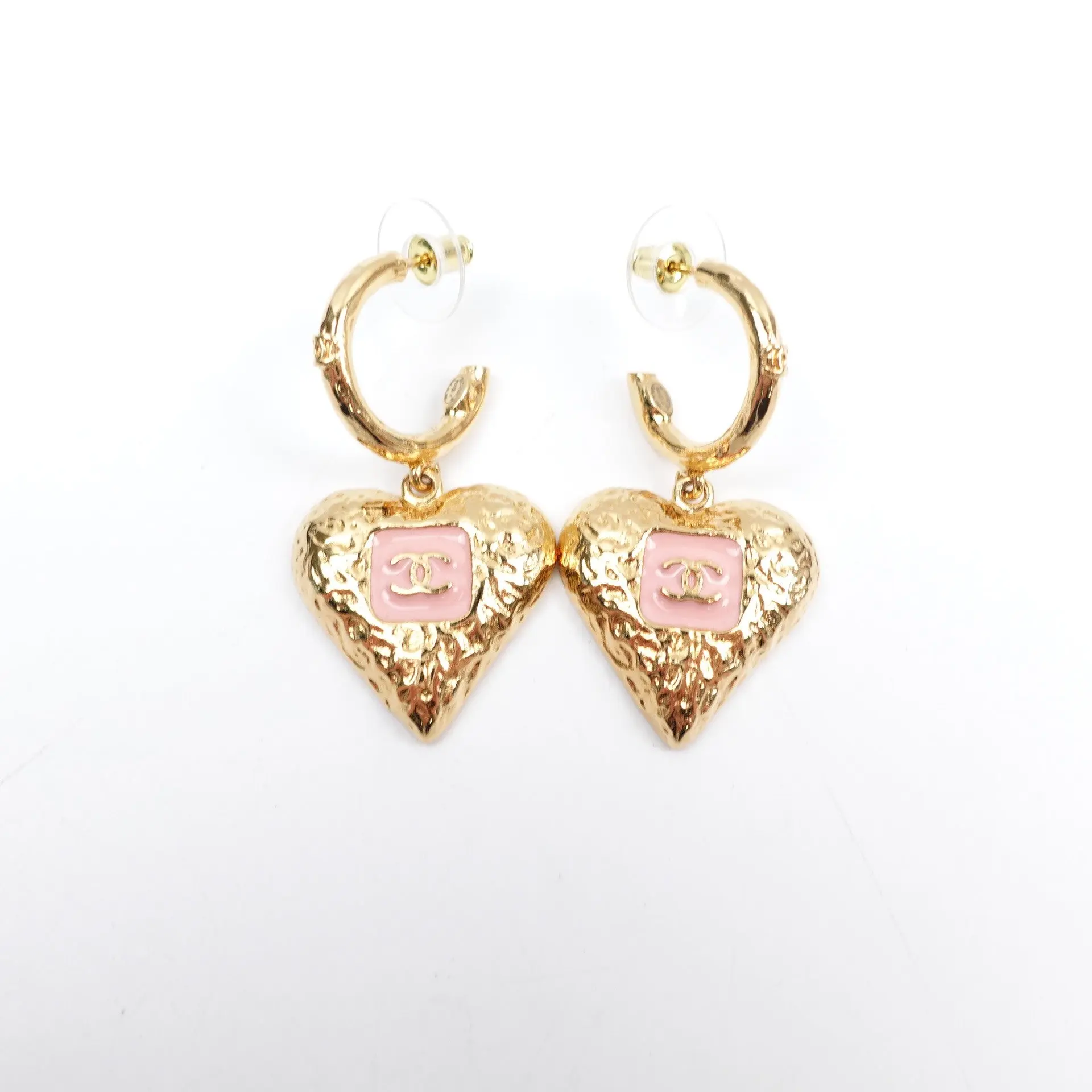 Pre-owned CHANEL Gold Tone Pink Heart Drop Earrings T10422949
