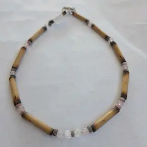Handmade Bamboo Necklace with Rose & Clear Quartz & Shell Beads 14.5 in Choker No Plastic Wearable in Shower & Swimming