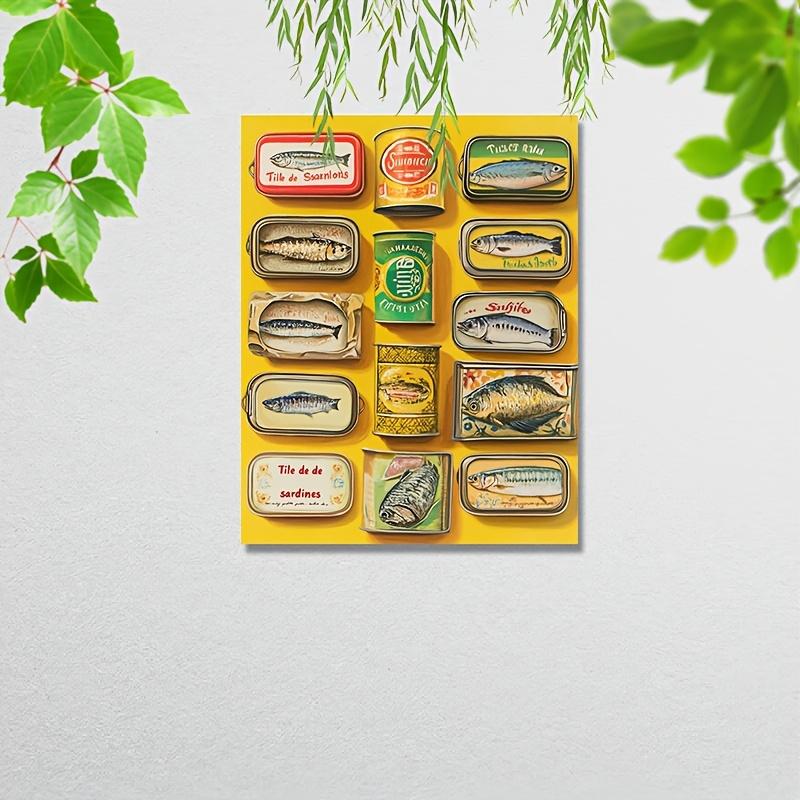 Vibrant Sardine Can Art Canvas Print - 30.48x 40.64cm Colorful Seafood Can Illustration Framed Wall Decoration, Yellow Background, Perfect for Kitchen, Living Room or Breakfast Nook, Vibrant Character Art Style Home Decor, Sardine Decoration, 2D Flat, Per