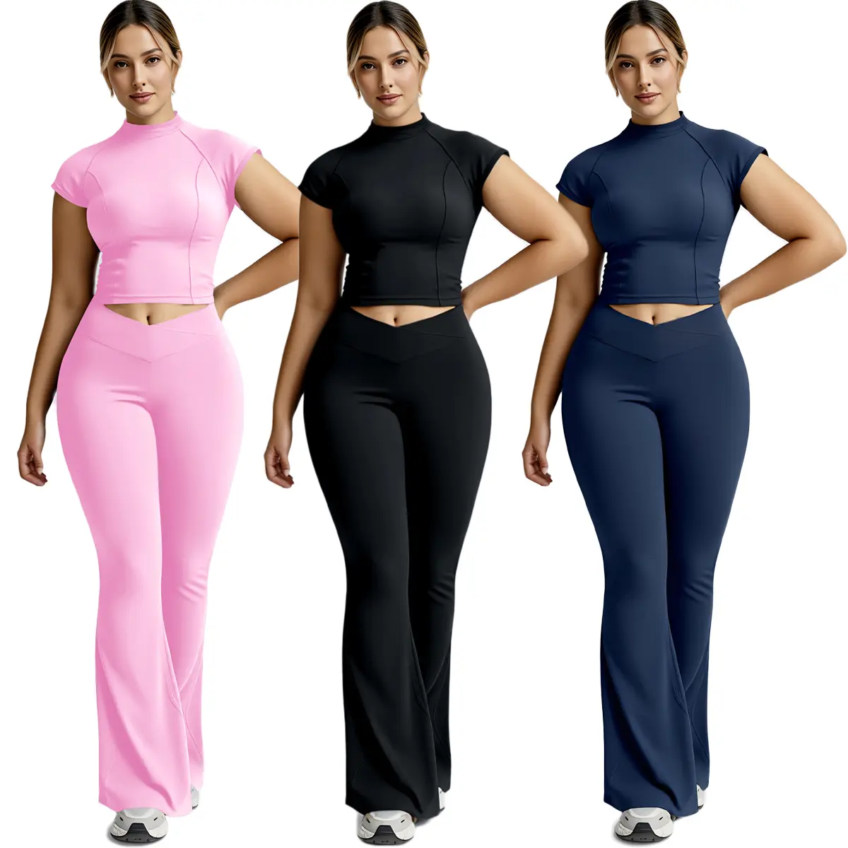 Female 2-Piece Sportswear Set, Solid High-Stretch Crossover Tummy Control Butt-Lifting Leggings & Short Sleeve Crop T-Shirts, Elastic Waist Workout Running Outfits