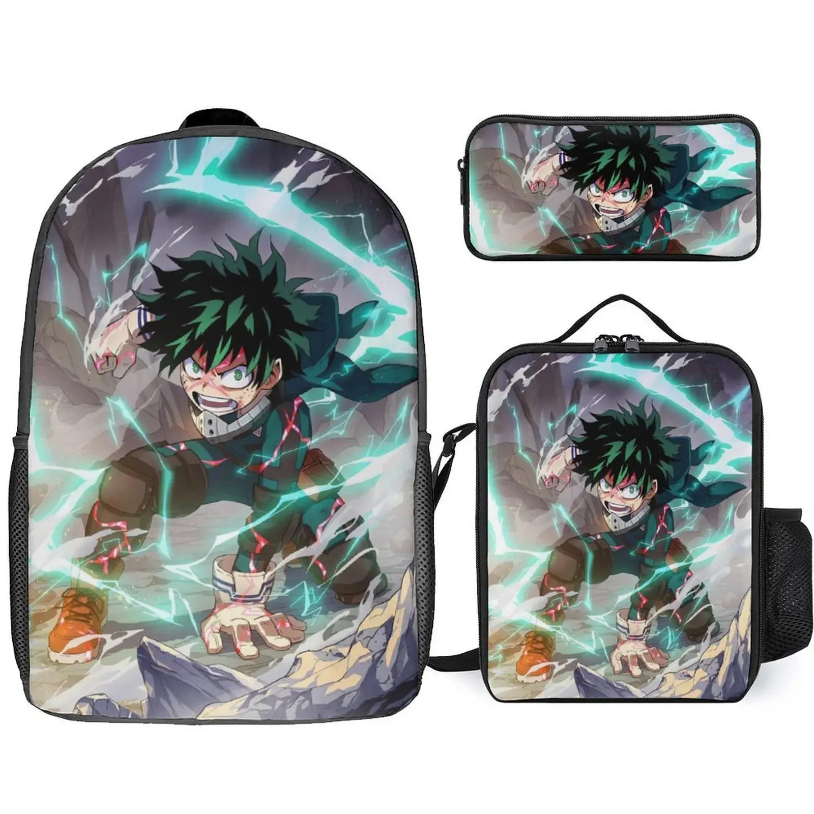 Hero-Academia Izuku Midoriya 3 Piece Backpack Set with Lunch Bag Pencil Case , High Capacity Bookbag with Lunch Box Pen Box Workplace Travel