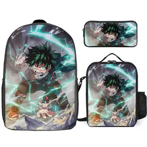 Hero-Academia Izuku Midoriya 3 Piece Backpack Set with Lunch Bag Pencil Case , High Capacity Bookbag with Lunch Box Pen Box Workplace Travel
