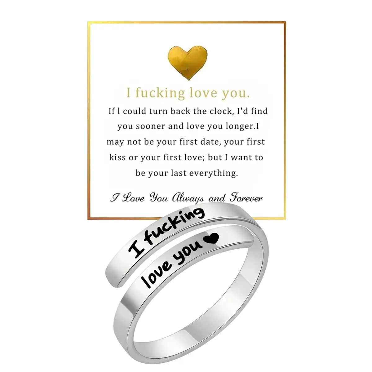 "I Fcking Love You" Adjustable Ring for Women & Men Stainless Steel Engraved Heart Spiral Vintage Promise Ring with Gift Bag & Message Card Perfect Valentine's Day Gift
