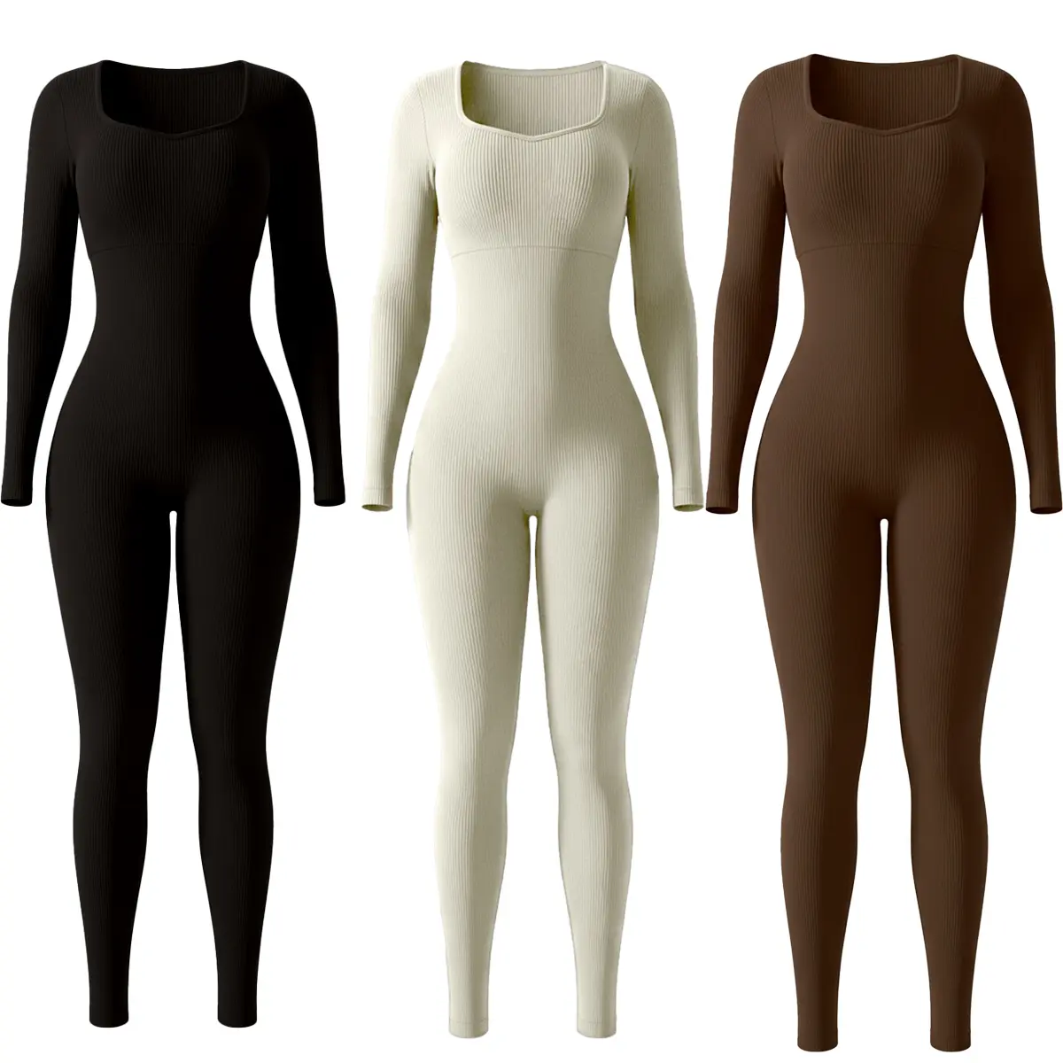 Women's Ribbed Knit High Elastic 1-Piece Sports Jumpsuit - Square Neck, Long Sleeve Athletic Bodysuit for Yoga, Gym Activewear, Yoga Activewear