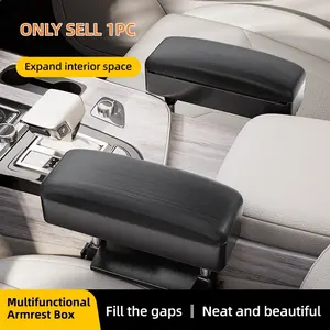 OOLVS Car Seat Gap Filler Organizer Adjustable Height Armrest - 3-Level Lift Storage Box with Wood Grain PU Leather Surface, High-Strength ABS Base and Stainless Steel Support Columns for Front Seat Console Gap