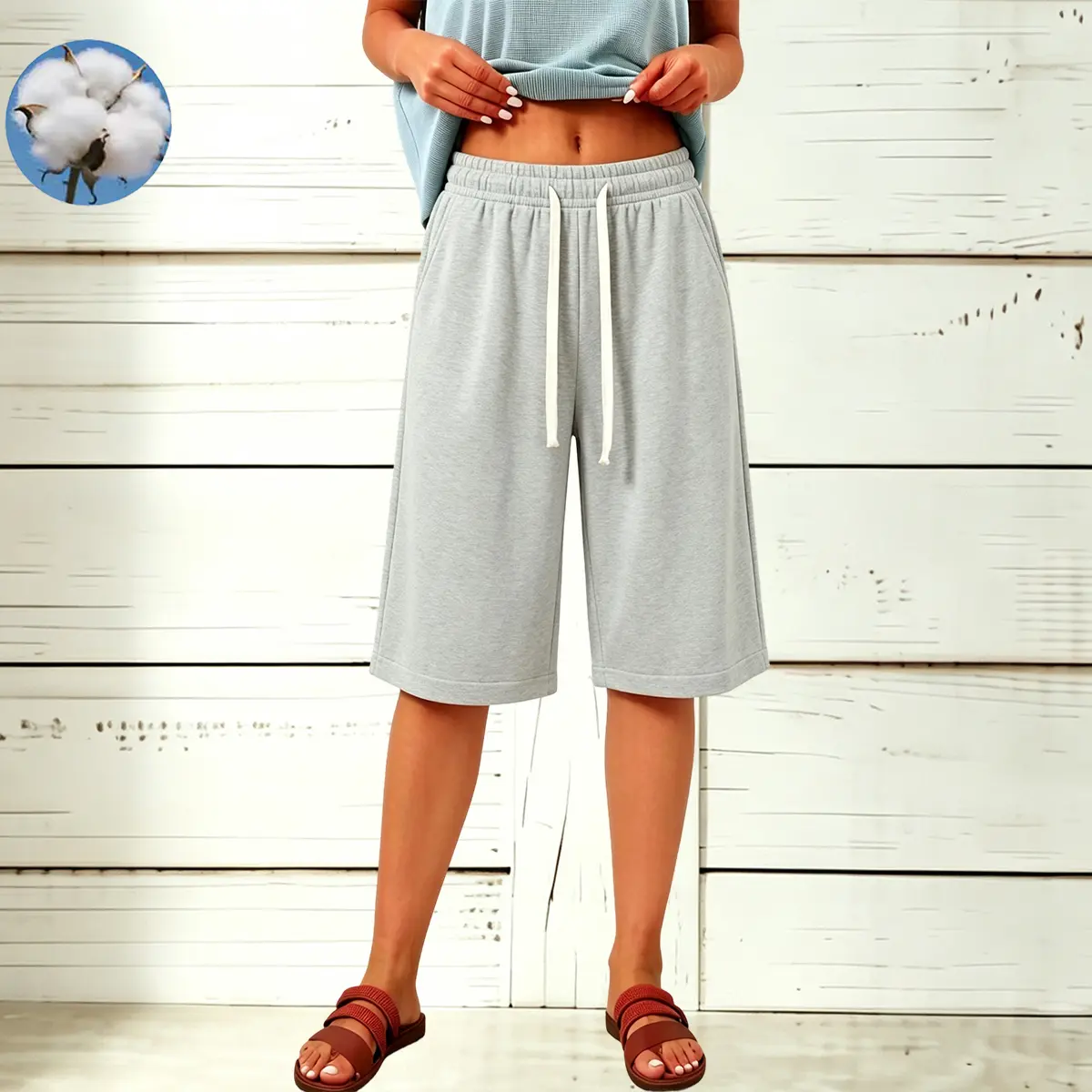 Elegant women’s athletic capri shorts — lightweight summer casual mid-length shorts for outdoor cycling and running; minimalist sporty-casual women’s shorts