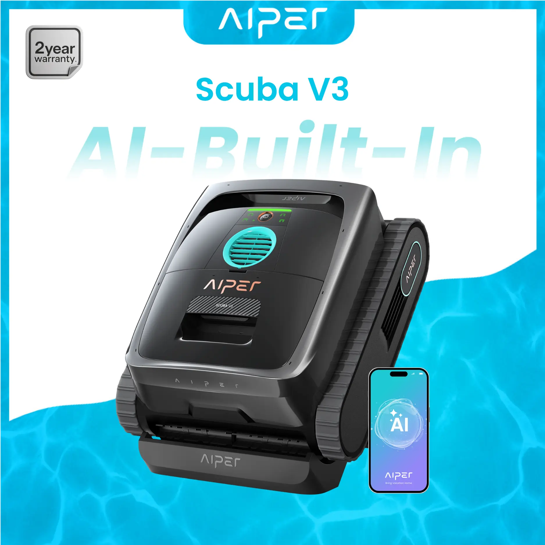 AIPER Scuba V3 AI Vision Cordless Robotic Pool Cleaner, Include Wireless Charging Dock, Smart Waterline Parking & Featherlight Design, Micromesh Multi-Layer Filtration, Blue