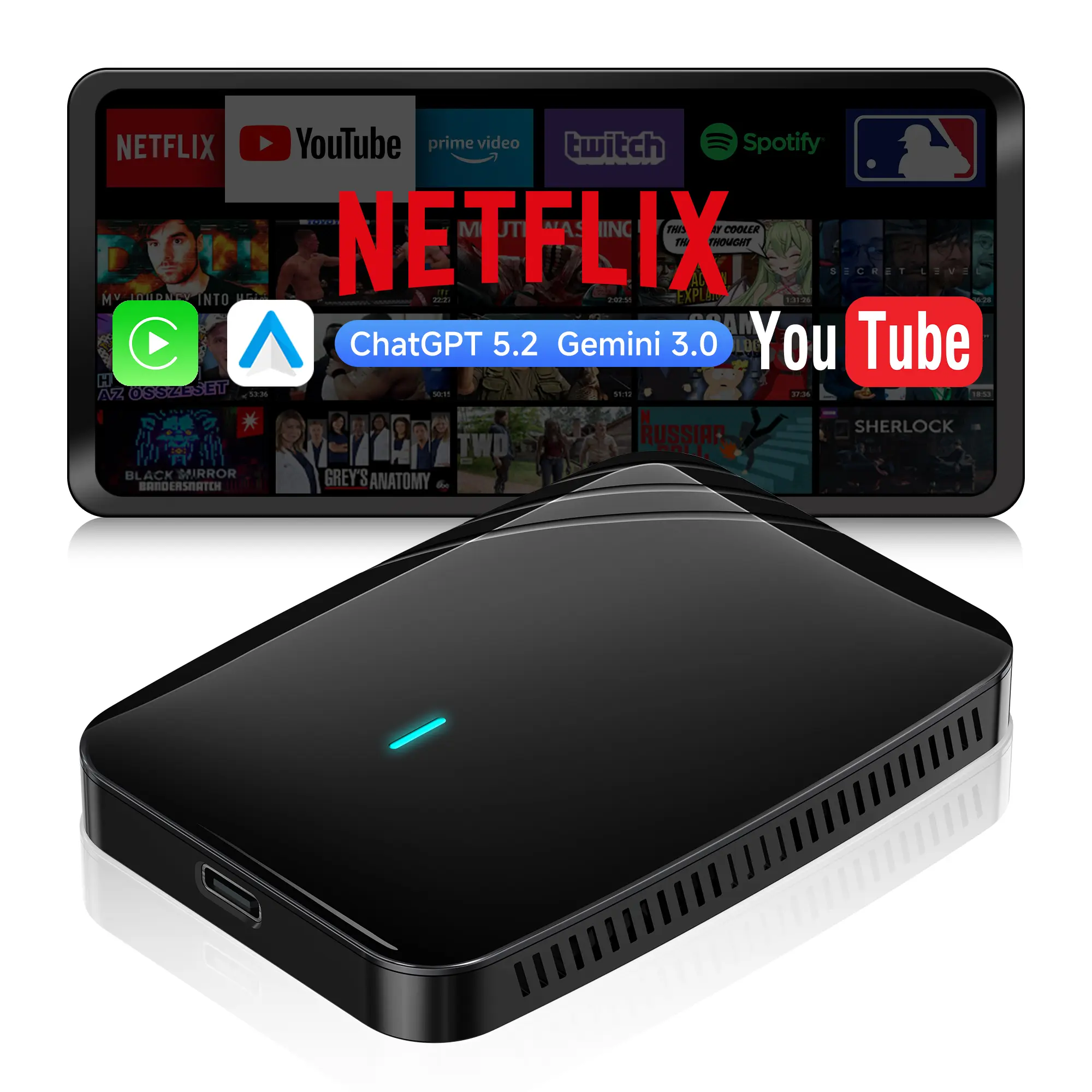 ATOTO CB4 Series Wireless CarPlay Adapter Box Unit - Built-in CarPlay AI System, Plug-and-Play, Compatible with Wired Factory Android Auto, Supports App Access, YouTube/Netflix