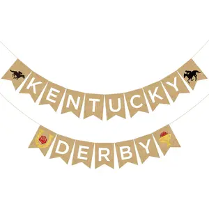 Kentucky Derby Burlap Banner Horse Race Bunting Banner with Roses Horse Shoe Signs Derby Day Horse Racing Run for the Roses Party  Decorations for  Mantle Wall