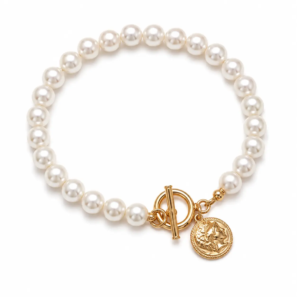 Women's Vintage Round Coin Charm Faux Pearl Beaded Bracelet, Gold-Tone Toggle Clasp, Fixed Length Elegant Casual Wrist Costume Jewelry for Everyday Wear, Gifting, Faux Pearls, Round Coins