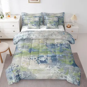 Navy Blue and Green Watercolor Bed in a Bag,Comforter Set,7 Piece,Modern Abstract Bedding Sets,Grunge Contemporary Tie Dye Pastel Artwork Sheet Set