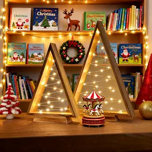 2 Pack Wooden Christmas Tree with LED Fairy Lights, 14.3" & 10.7" Modern Farmhouse Tabletop Decor, Neutral Christmas Mantel & Table Decor, Modern Christmas Decor for Holiday Centerpiece