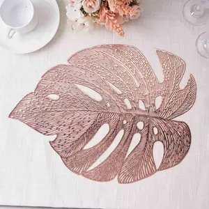 6-Pack Vinyl Dining Table Mats 18" Monstera Leaf Design Rose Gold - Non-Slip Placemats