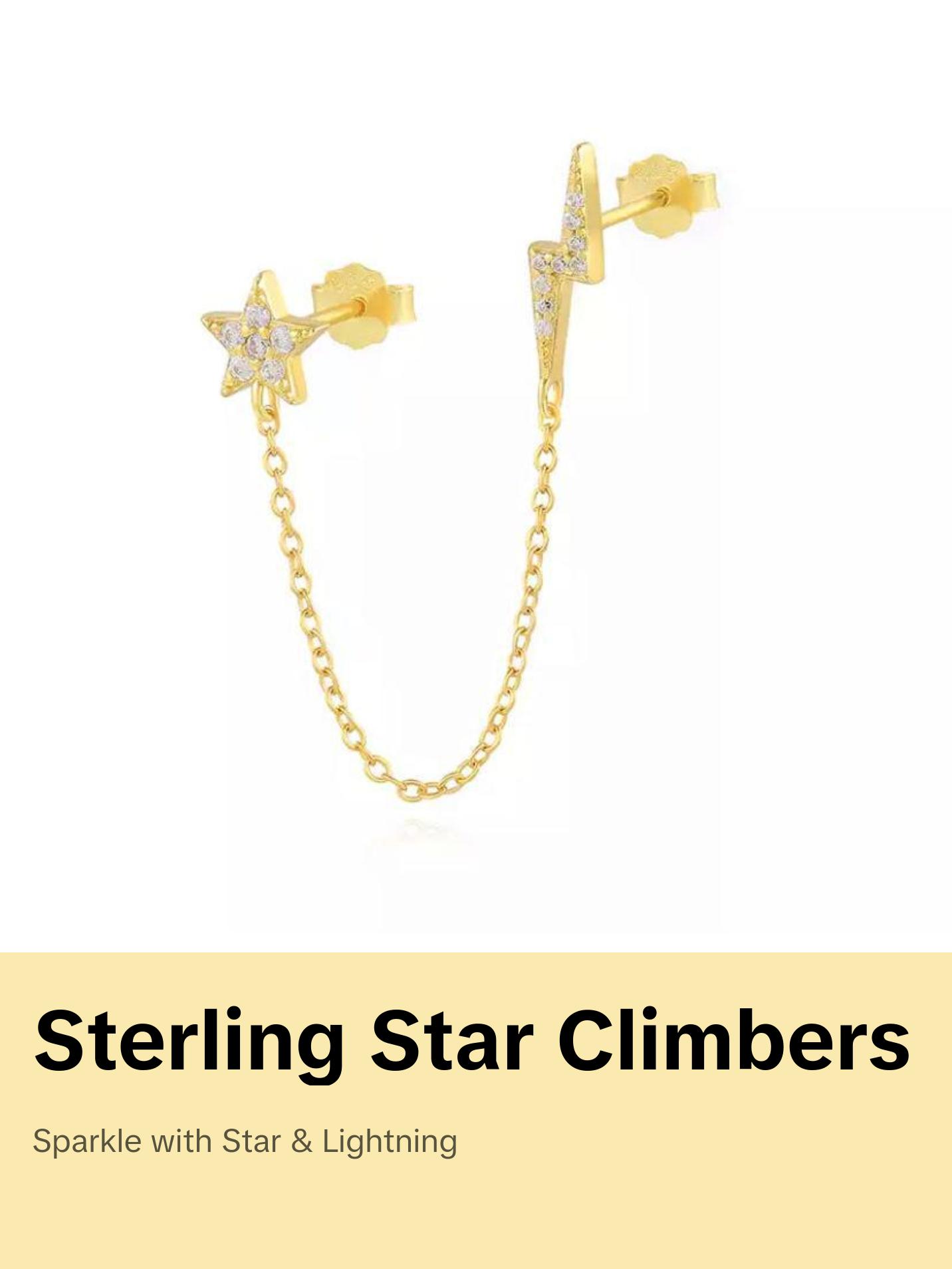 Star and Lightning Climber Earrings with Star Design and Chain Link Finish