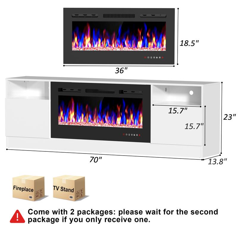 【2 Packeages Shipping】Spurgehom Fireplace TV Stand with LED Lights – 70-Inch Media Console for TVs Up to 80 Inches, Includes 36” Electric Fireplace & Storage Cabinet, Modern Entertainment Center for Living Room, Home Theater Upgrade