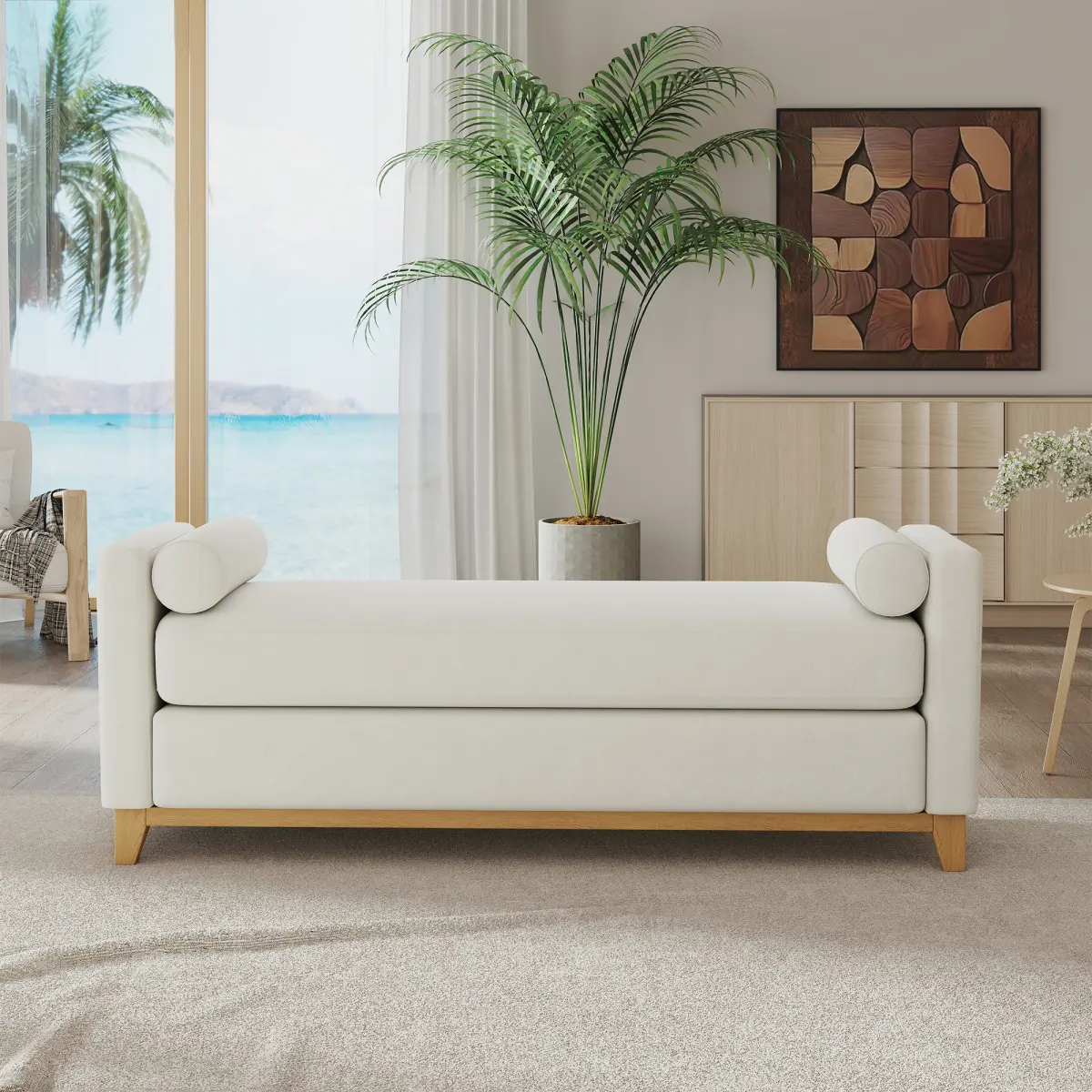 Minimalist Sherpa Fabric Cushioned Rectangle Bench - Armless Beige, 66.34"w x 20.87"d x 24.8"h, 450 lbs Capacity, Solid Wood Legs, 2 Bolster Pillows, All Tools Included, Breathable Bouclé Fabric, Assembly Required, Ideal for End of Bed, Entryway, Entryway