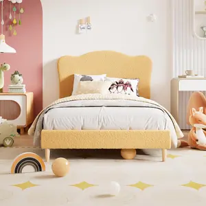 Garvee Full Size Upholstered Bed Frame with Scallop Headboard, Dreamy Fleece Cover, Wooden Slats, Noise-Free Design, Easy Assembly, Yellow Finish, Suitable for Young Users