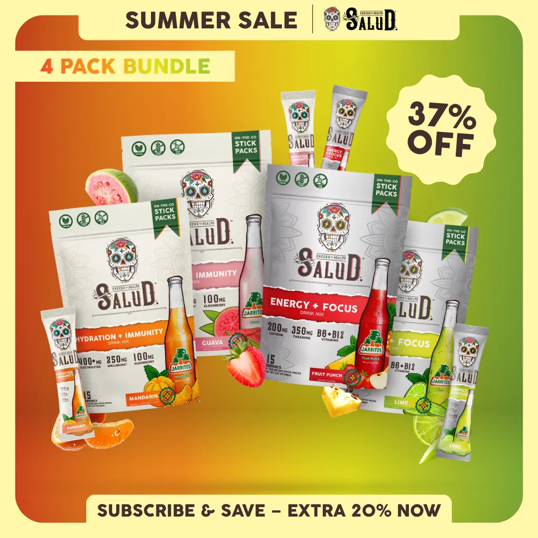 Salud x Jarritos 2-in-1 [Daily Wellness All-In-One] Agua Fresca Drink Mix Variety Pack, Energy + Focus & Hydration + Immunity, Organic Caffeine, Electrolytes, Elderberry, Non-GMO, Vegan (4-Pack, 60 Servings)