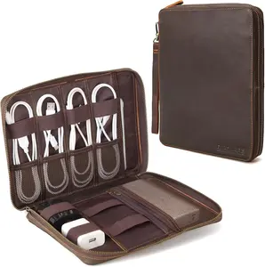 Full Grain Leather Travel  Organizer Case Electronics Accessories Carry Bag with YKK Zippers Tech Storage Bag for Cables, Power , USB, SD Card, Travel Essentials