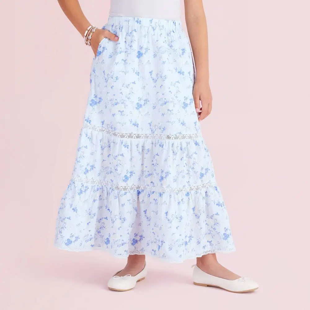Girls' Isla Everblooming Rosettes Tiered Maxi Skirt - LoveShackFancy Blue 12