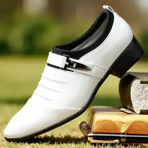 Men's Stylish Slip-On Dress Shoes - White & Black, Pointed Toe, Rubber Sole, Perfect For Weddings, Business & Casual Events