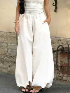 White High Waist Bubble Hem Pants Women Loose Wide Leg Trousers Y2K Streetwear Summer Casual Going Out Flowy Balloon Pants