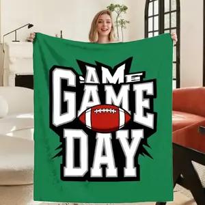 Game Day Football Flannel Blanket Green Black Bold Text Helmet Field Goal Graphics All Season Warmth for Couch Bed Tailgating Sports Fan Gift for Men Women Christmas Gifts