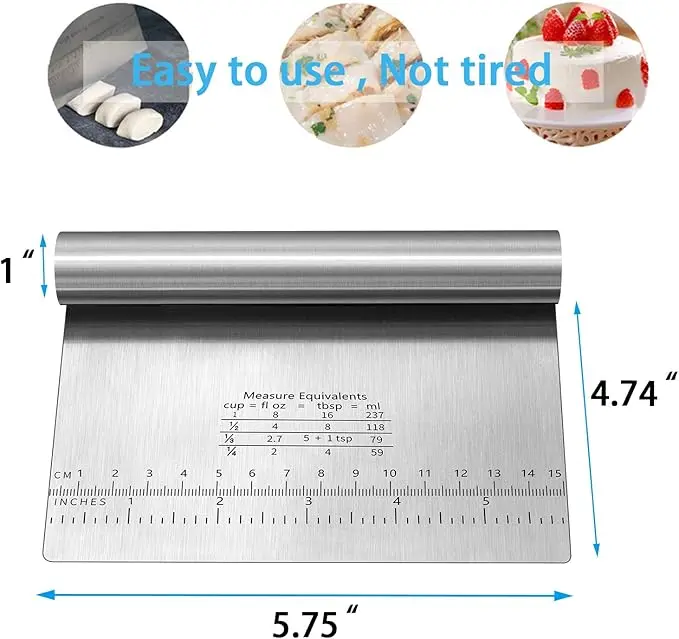 Stainless Steel Mirror Polished Pastry Scraper with Blade - Rustproof, 3.2 oz Lightweight, Heat Resistant Kitchen Utensil with Handle, Measuring Scale, Foldable, Flexible, Compact, Reusable, Portable Pastry Bread Separator, Pizza Tool, Versatile Tool
