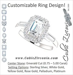 Cubic Zirconia Engagement Ring- The Azariah (Customizable Cathedral Emerald Cut Design with Halo and Straight Baguettes)