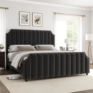 【Christmas Gift】Queen Size Platform Bed Frame  Upholstered Bed Frame with Headboard and Footboard  Strong Wooden Slats Support  No Box Spring Required Queen Size Bed Frame Black
