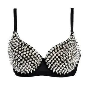 New styleSilver Rivets Punk Rave Bralette Lingerie Gothic Bra Sexy Push Up Brassiere Nightclub Party Bar Fashion Bras For