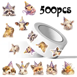 500 Stickers/roll Happy Birthday Animal Roll Sticker Series Sealing Stickers for Mugs, Laptops, Suitcases, DIY Notebook Decoration Stickers, Birthday Gifts, Funny Stickers