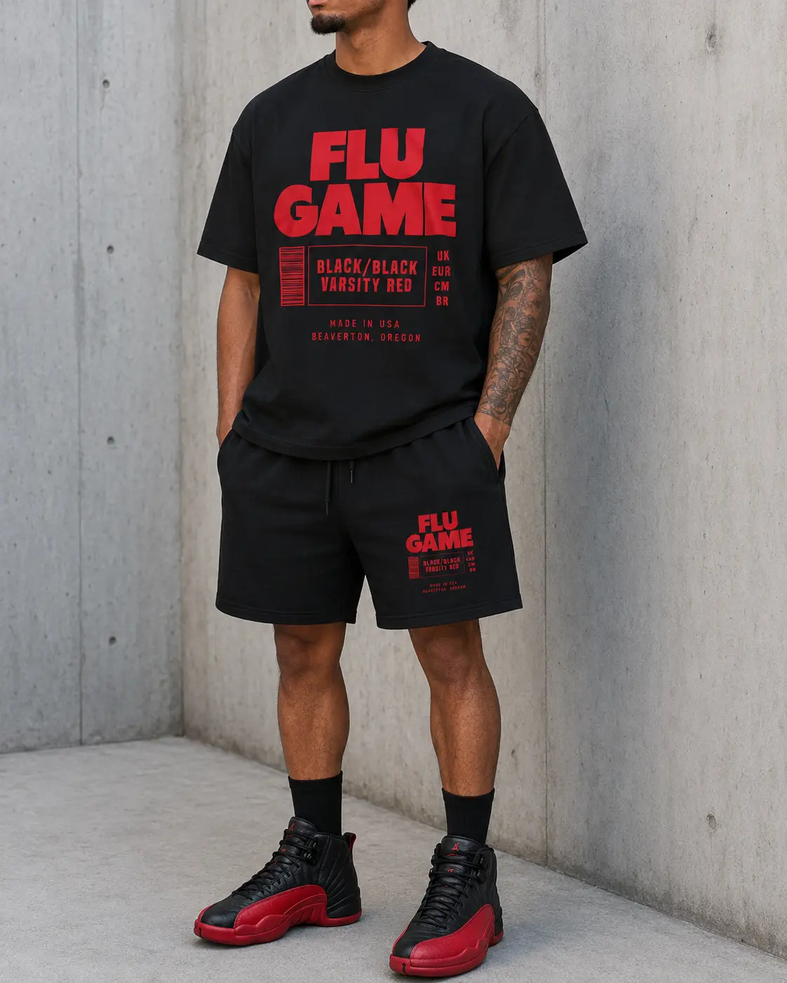 Flu Game Typography Black Short Set – Jd 12 Retro Flu Game Matching Outfit