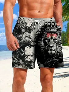 Men's Summer Beach Shorts Set, Drawstring & Crown Lion Print King Design, Fashion Hawaiian Style, Casual Loose-Fitting Shorts