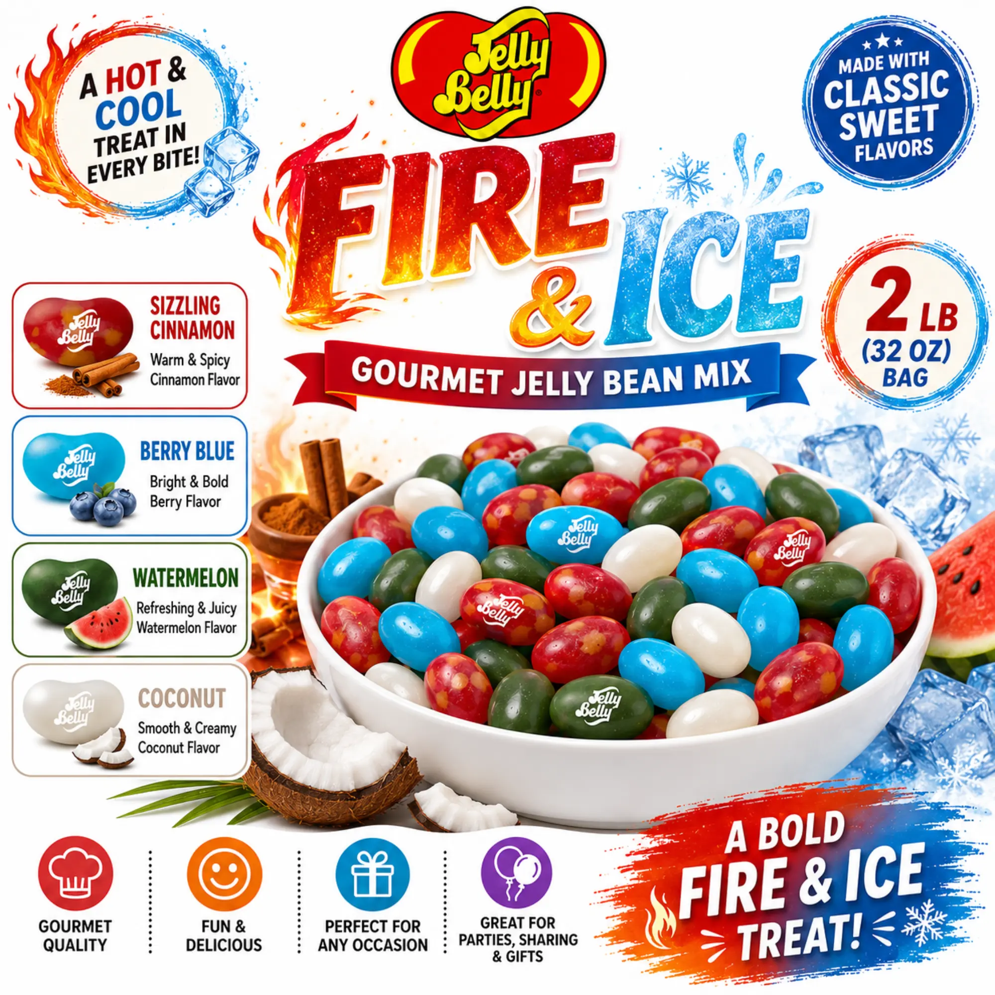 Jelly Belly Fire and Ice Mix Jelly Beans - Sizzling Cinnamon, Berry, Blue Watermelon, Coconut Flavors - 2lb Bulk Bag Premium Soft Chewy Sweet & Spicy Assortment for Movie Night Party Candy Buffet