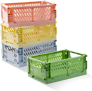 4 Pack Pastel Crates for Storage, Plastic Folding Basket, Colorful Small Storage Containers for Bedroom Office Classroom Bathroom Desktop Drawer Organizer Decor (9.8x6.5x3.8inch)