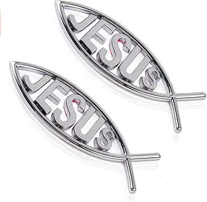 3D Self-Adhesive Silver Chrome Jesus Fish Car Emblem, Religious Decorative Sticker for Vehicles, Christian God Symbol Decoration, Thanksgiving Gifts for Car Exterior, Room Windows