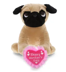 DOLLIBU 8" Polyester Embroidered Pug Dog Plush Heart Stuffed Toy, Perfect for Mothers Day Gift