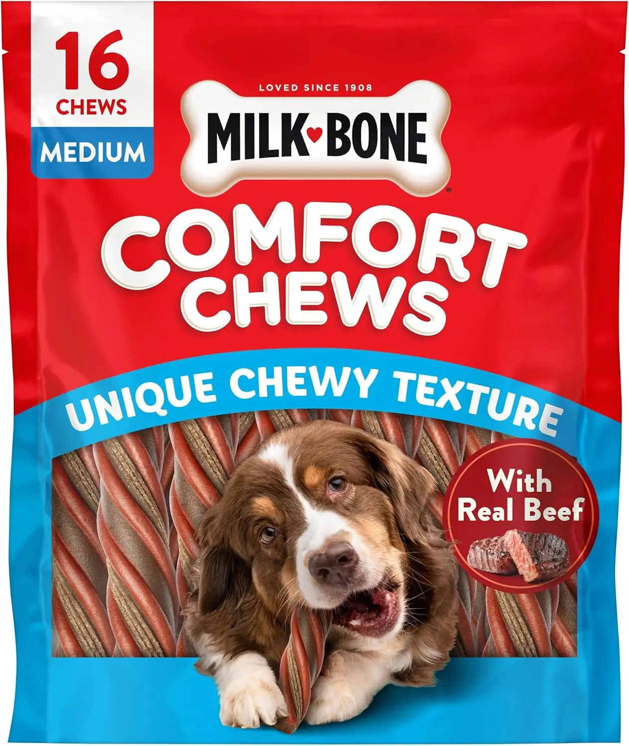 Milk-Bone Comfort Chews, Unique Chewy Texture & Real Beef, 16 Dog Chews | 40.8-oz. bag, For dogs 15-75 lbs., Rawhide-free dog chews, Made with real beef