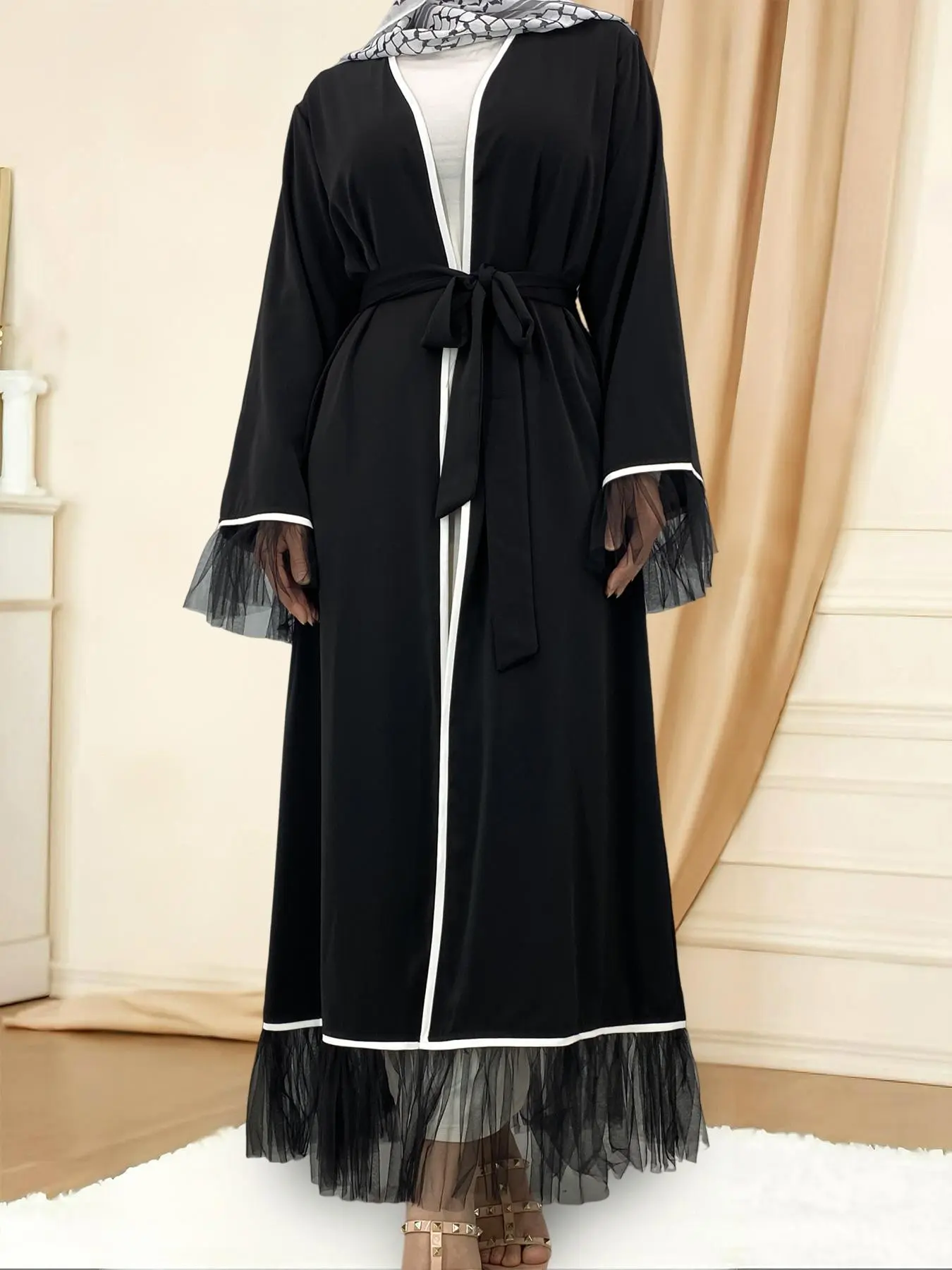 Women's Solid Color Lace Trim Abaya Outer Robe, Casual Long Sleeve Belted Lounge Robe, Ladies Sleepwear for All Seasons