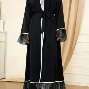 Women's Solid Color Lace Trim Abaya, Casual Long Sleeve Belted Lounge Robe, Ladies Sleepwear for All Seasons