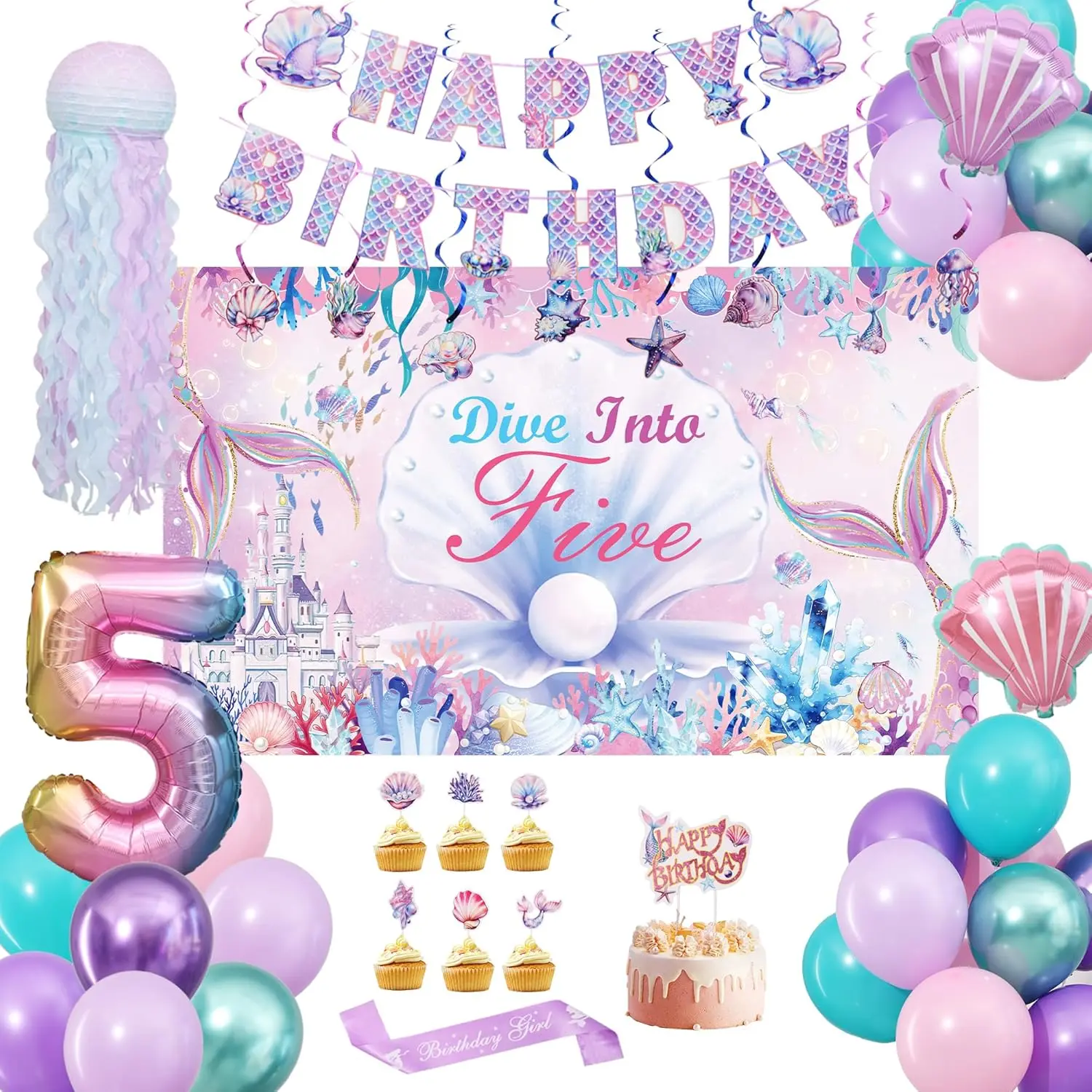 Mermaid 5th Birthday Party Decorations for Girl, Dive Into Five Birthday Decorations Girl with Backdrop, Sash, Banner, Hanging Swirls, Paper Lantern, Ballo