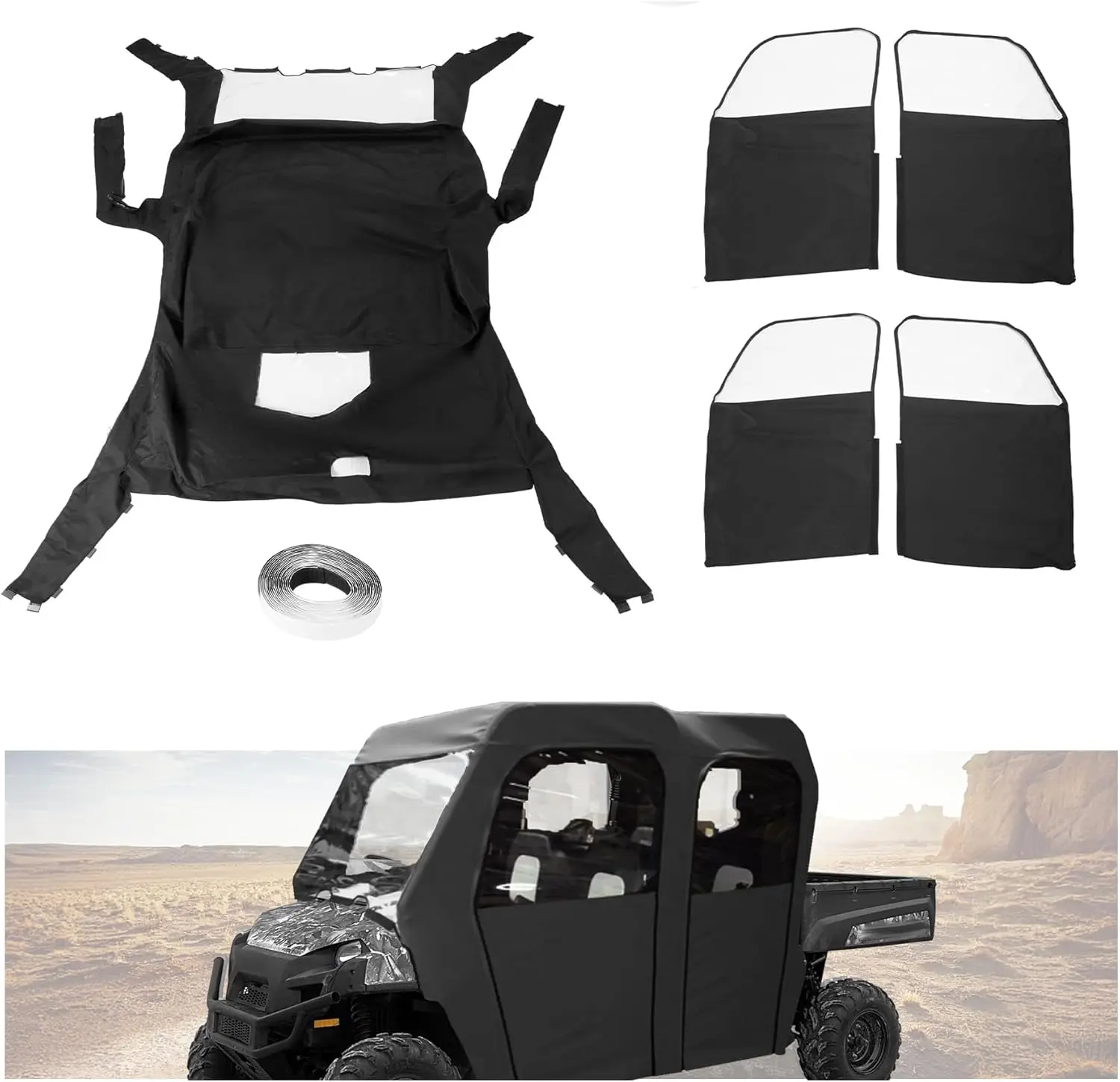 Soft Door Compatible with 2010-2014 Polaris Ranger XP800 Fullsize Crew Models Plastic Full Cab Enclosure Zipper Black Clear