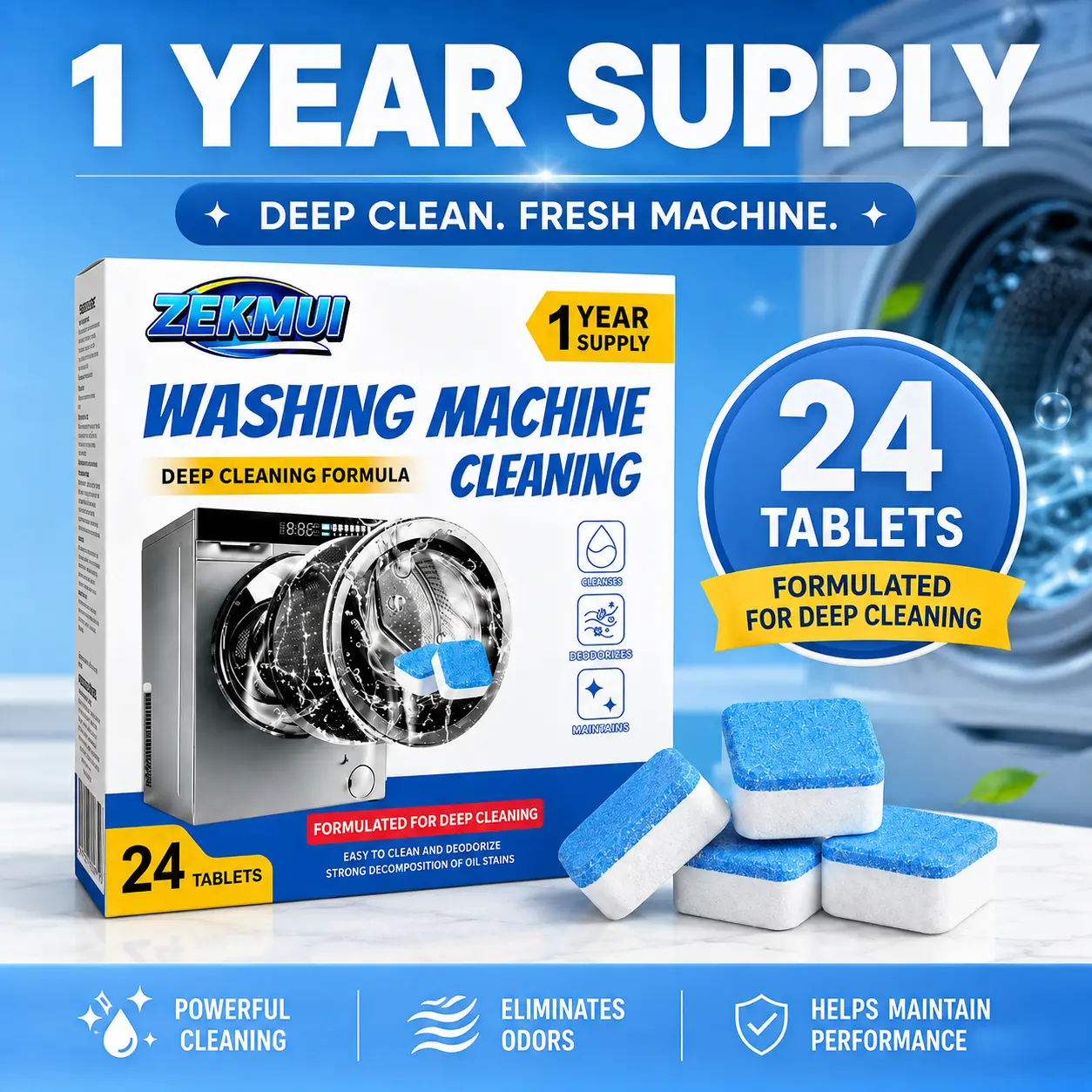 ZEKMUI Washing Machine Cleaner Tablets 24 Pack, Deep Cleaning Washer Cleaner & Descaler for HE Front Load & Top Load Washers, Removes Odor & Residue, Cleans Drum & Tub, Up to 12-Month Supply, Home Cleaning Supplies, Cleaner Pack, Home Cleaning Products