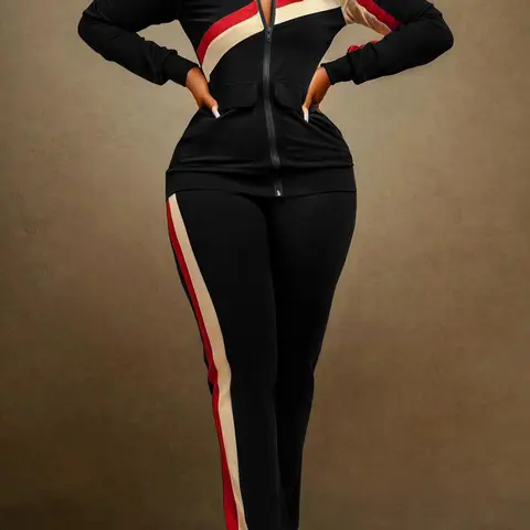Women's Colorblock Striped Patchwork Print Zip Up Zipper Pocket Jacket & Pants Two-piece Set, Boss Babe Outfit, Casual Long Sleeve Collared Outerwear & Trousers for Fall & Winter, Ladies Clothes for Daily Wear, Fall Matching Sets