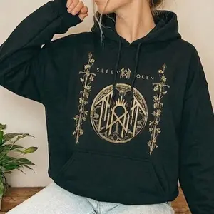 Women's Unisex Sleep Token Graphic Hoodie - Long Sleeve Casual Tops, Smooth Yarn Fabric, Bold Sword-Rune Prints, Gothic Floral Accents, Edgy Pullover for Alternative Music-Loving Mothers, Mother's Day Gift
