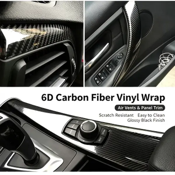 6D Gloss Carbon Fiber Vinyl Wrap Film, Self-Adhesive Car Interior Exterior Trim Decal with Air Release Channels, Waterproof Fade-Resistant Auto Sticker for Dashboard Door Mirror