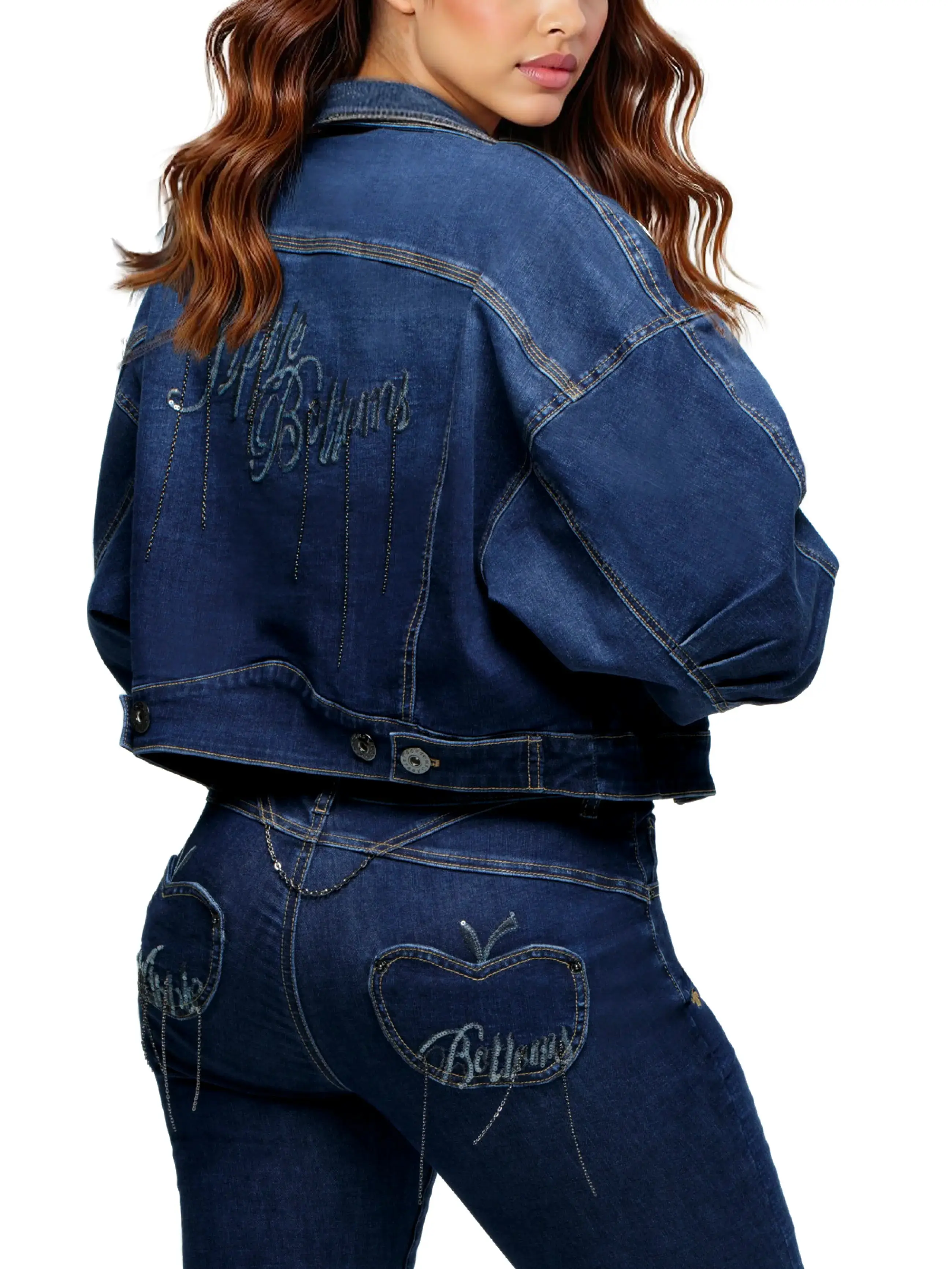 Women's Bold Fashion Cropped Jacket, Chain-Link Embellished, Balloon Sleeve Design