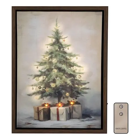 LumaBase Battery-Operated LED Light Wood Wall Art - Old Time Christmas Full Color Graphic Canvas Tree Scene, Remote Control, Amber Home Decor Accessory