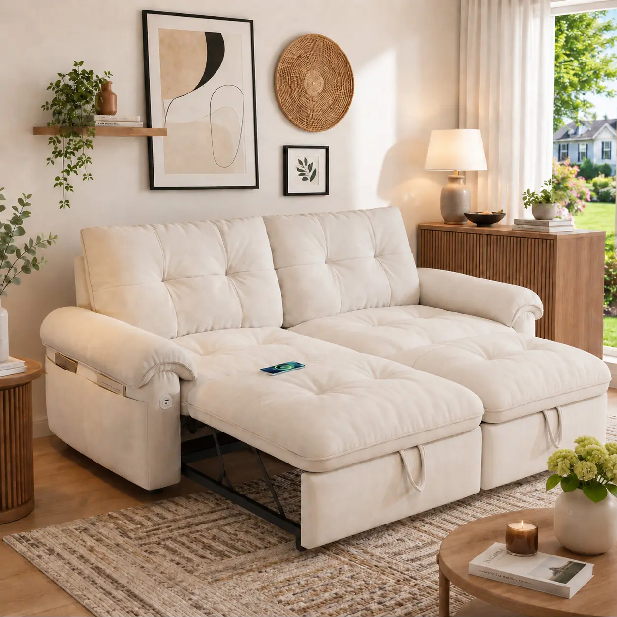 77-in 3-Mode Convertible Sofa Bed, Soft Chenille Fabric 2-in-1 Pull-Out Sleeper Couch with Cup Holders & Storage, Modern Fold-Out Guest Sofa for Living Room Small Spaces